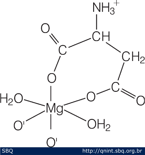 Figura 1: Esfera de coordena&ccedil;&atilde;o do c&aacute;tion Mg(II) no complexo Mg(L-Asp) Cl.3H 2 O (Os dois &aacute;tomos O&rsquo;, coordenados ao c&aacute;tion, prov&ecirc;m de grupos carbonila de complexos vizinhos). 