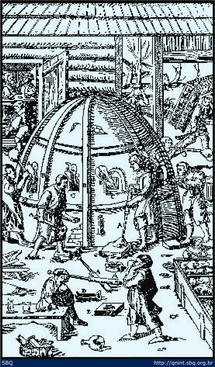 Figura 2: Ilustra&ccedil;&atilde;o de um forno para a fabrica&ccedil;&atilde;o de vidro segundo a Georgius Agricola&rsquo;s De Re Metallica (1556); (a) tubo soprador de vidro; (b) janela pequena m&oacute;vel; (c) janela por onde era retirado o vidro; (d) pin&ccedil;a e (e) moldes atrav&eacute;s dos quais as formas das pe&ccedil;as eram produzidas. 