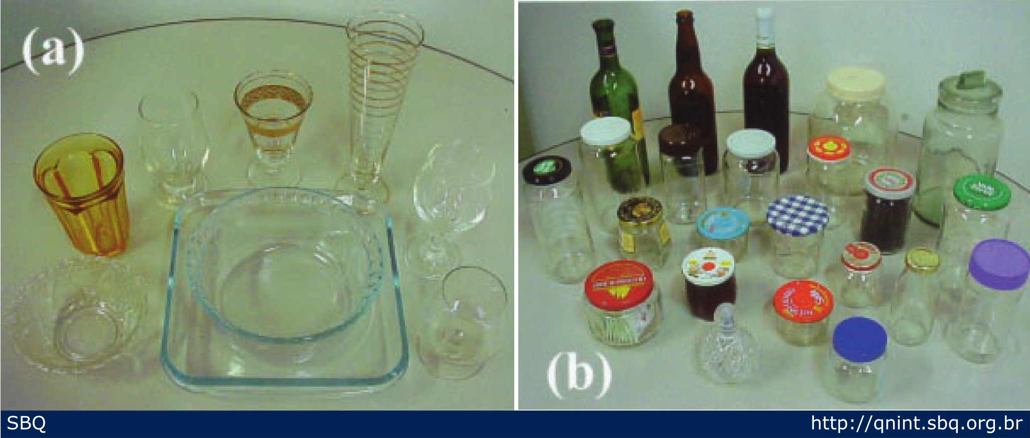 Figura 5: Objetos de uso di&aacute;rio fabricados com vidro: (a) utens&iacute;lios dom&eacute;sticos; (b) diferentes tipos de embalagens (potes, garrafas etc.). 