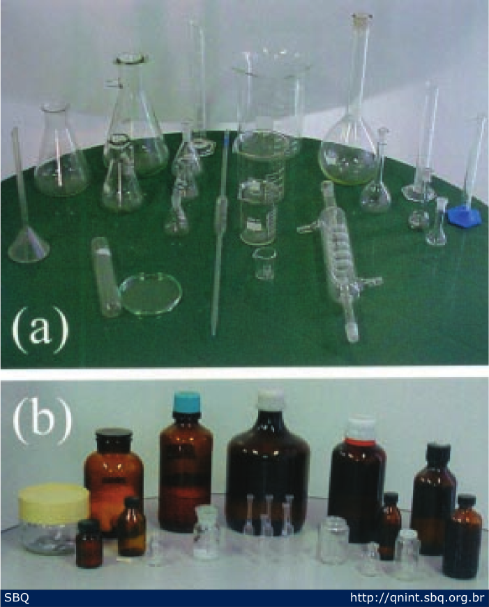 Figura 6: Vidros de laborat&oacute;rio: (a) instrumentos de laborat&oacute;rio; (b) vidros para armazenagem e embalagem de reagentes qu&iacute;micos. A colora&ccedil;&atilde;o escura (&acirc;mbar) &eacute; devida &agrave; adi&ccedil;&atilde;o de &oacute;xidos de metais de transi&ccedil;&atilde;o. 