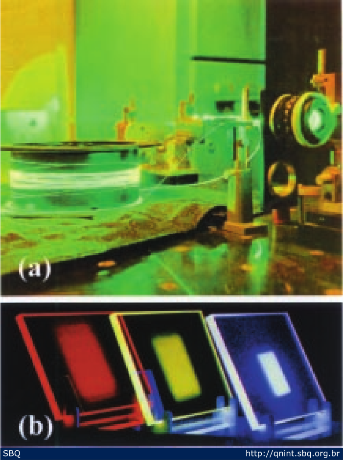 Figura 7: (a) fibras &oacute;pticas guiando luz; (b) vidros emissores de luz vis&iacute;vel (luminescente) ap&oacute;s irradia&ccedil;&atilde;o. 