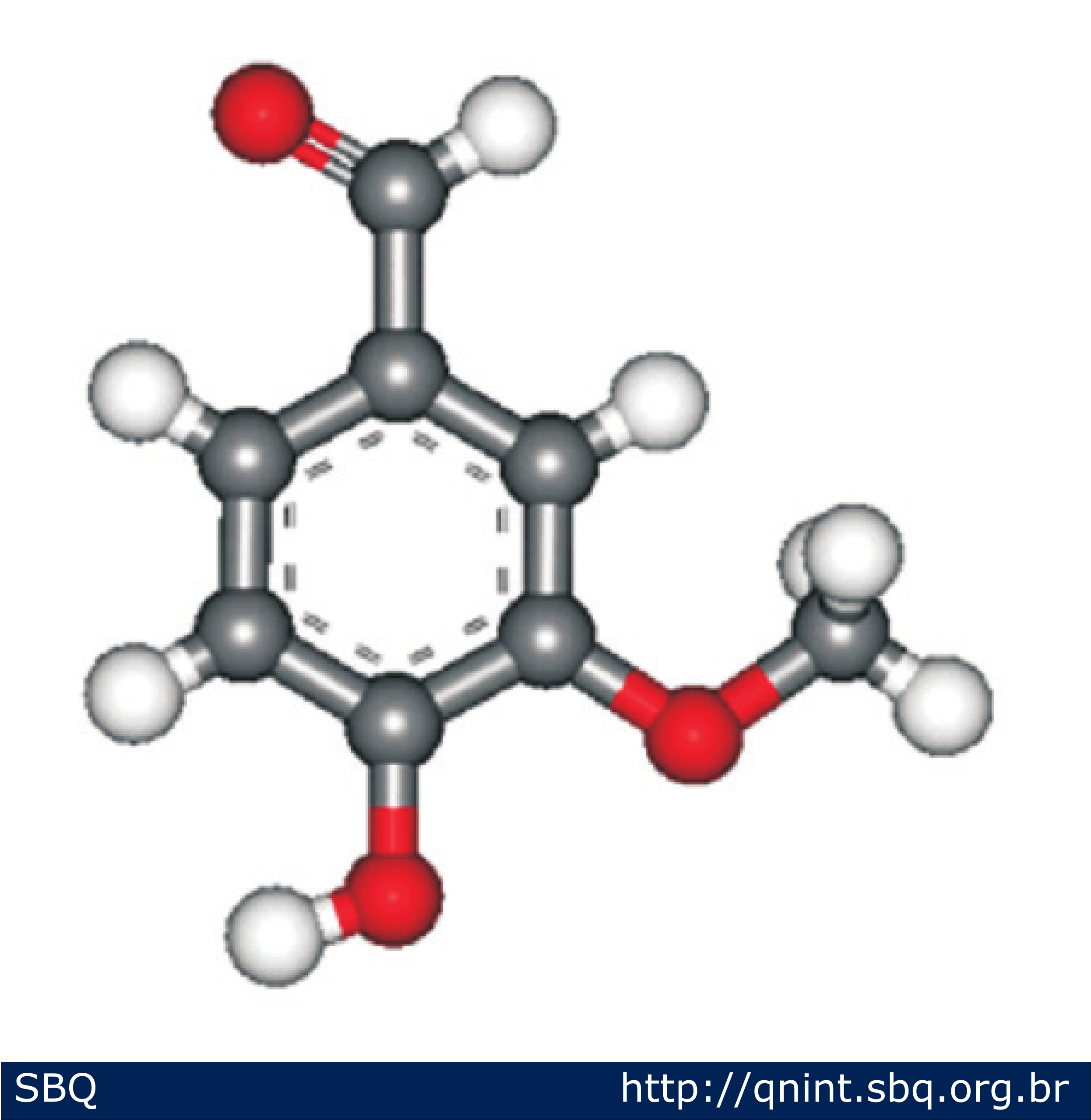 Figura 1: Estrutura química da vanilina. As diferentes cores das esferas representam os diferentes átomos presentes na molécula: hidrogênio (brancas), carbono (cinzas) e oxigênio (vermelhas) (Almeida e Ferreira, 2008). 