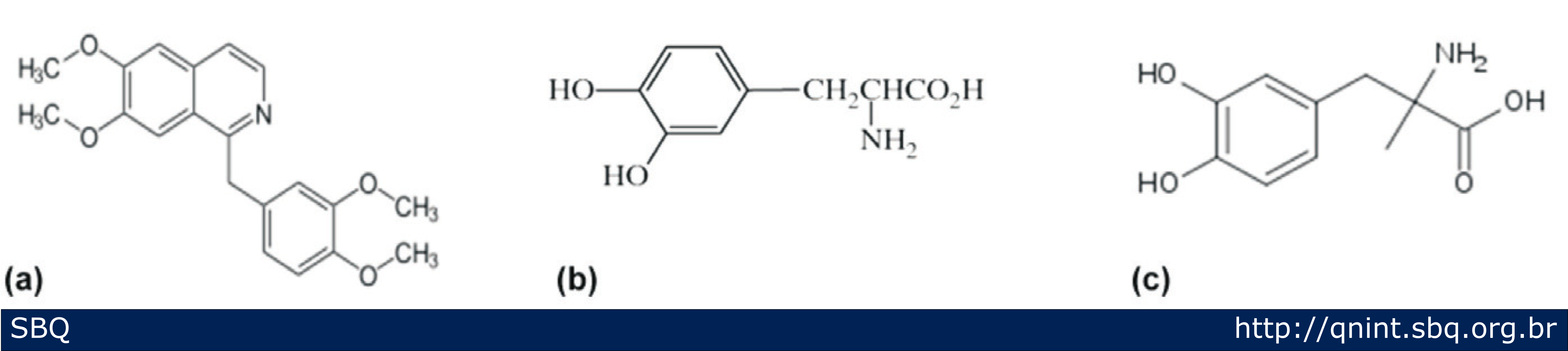 Figura 3: (a) Estrutura química da papaverina, (b) estrutura química da L-dopa e (c) estrutura química da L-metildopa. 