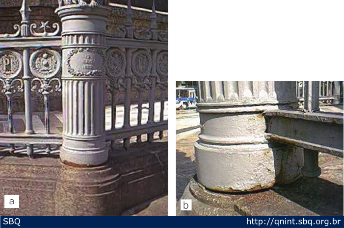 Figura 2: Corrosão eletroquímica, decorrente da exposição atmosférica, no gradil em monumento de ferro fundido situado na Praça Tiradentes (Centro do Rio de Janeiro): (a) vista da coluna do gradil; (b) detalhe ampliado da base da coluna. 