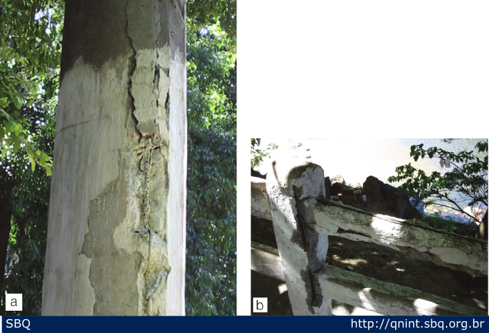 Figura 3: Corrosão química em concreto armado: (a) poste; (b) mureta (Boa Viagem, Niterói - RJ). 