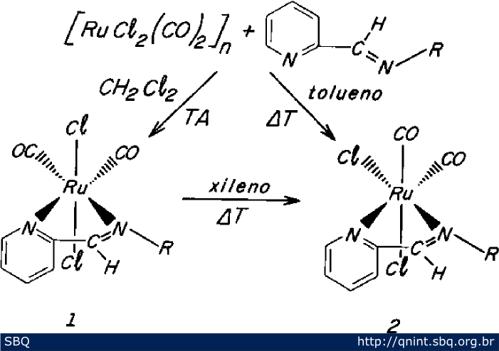 Figura 4. Sínteses seletivas dos isômeros trans - e cis -[RuCl 2 (CO) 2 (RPyca)] a partir da reação de n equivalentes de ligante bidentado RPyca com o polímero [RuCl 2 (CO) 2 ]n: 1) em CH 2 Cl 2 à temperatura ambiente (18 horas) e 2) em tolueno à temperatura de refluxo (20 horas). Isomerização térmica do trans - [RuCl 2 (CO) 2 (R-Pyca)] ao correspondente isômero cis - por refluxo em xileno durante 20 horas 27 . 